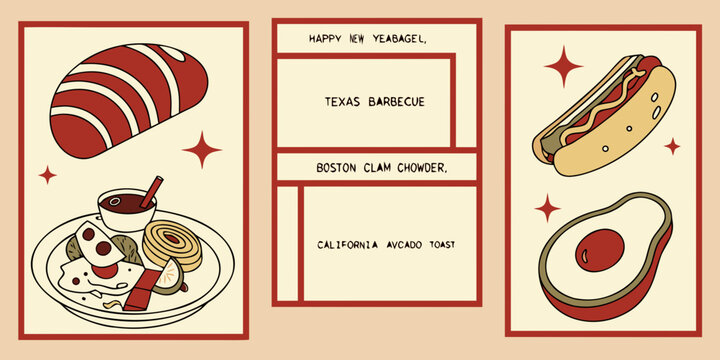 USA, US, U.S, United States - Set of retro food illustrations featuring american dishes like hot dog avocado toast and clam chowder in a vintage menu design style with a warm red color palette
