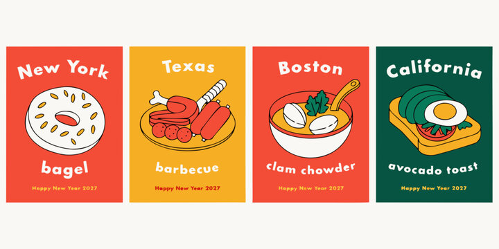 USA, US, U.S, United States - Set of four colorful food illustrations featuring regional american dishes like new york bagel texas barbecue boston clam chowder and california avocado toast

