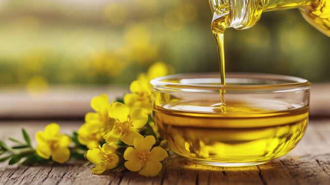 Pouring golden canola oil into a glass bowl with rapeseed flowers