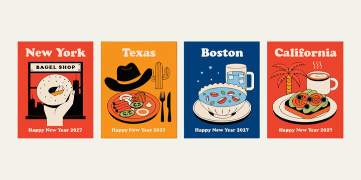 USA, US, U.S, United States - Set of four vintage style travel posters featuring food and icons from new york texas boston and california for a happy new year 2027 celebration design
