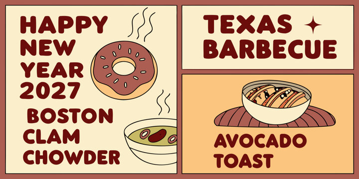USA, US, U.S, United States - Happy new year 2027 food menu illustration with donut clam chowder texas barbecue and avocado toast in a retro hand drawn graphic style
