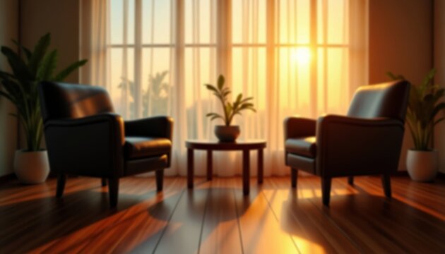 Empty therapist office, diffused natural light, welcoming professional space