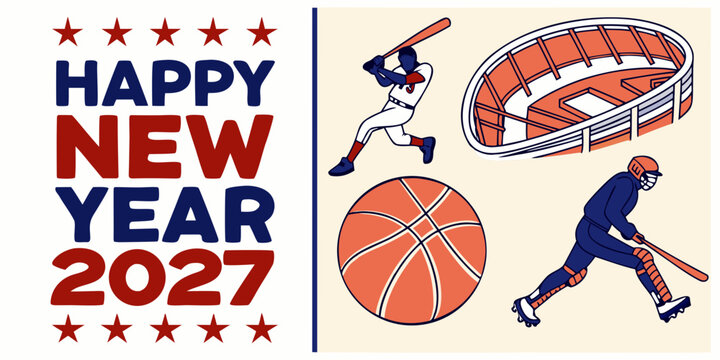 USA, US, U.S, United States - Happy new year 2027 greeting card with baseball player and basketball sport icons in a retro style illustration
