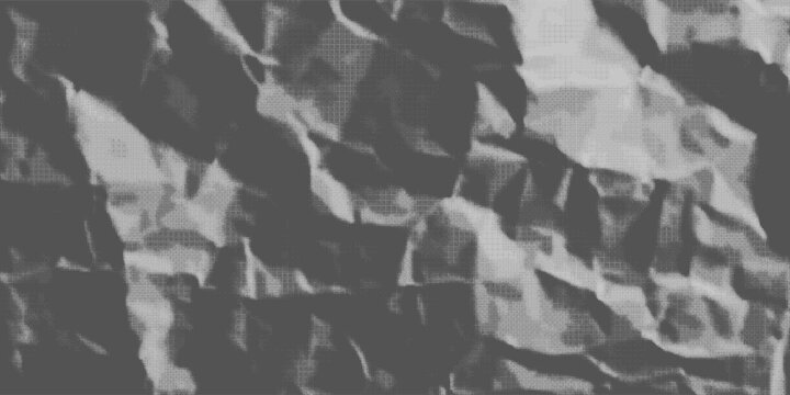 Halftone crumpled paper texture. Old creased paper page wallpaper. Dotted rough wrinkled background. Comic pop art grainy overlay. Aged damaged gritty page in cartoon style. Vector crumpled surface