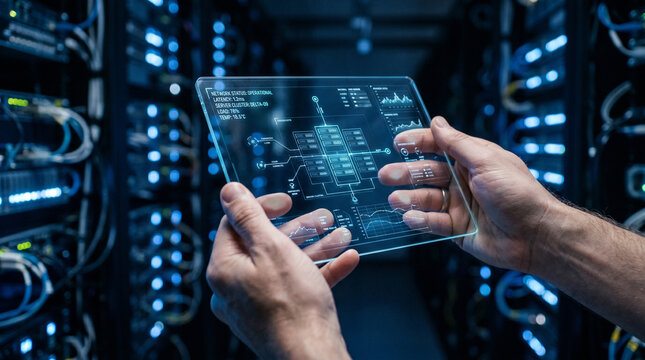 Person holding transparent tablet with network status and server data in a server room environment