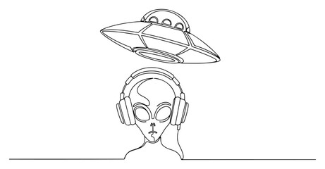 Alien wearing headphones with UFO flying saucer above head in continuous one line drawing style © InsomniaVideo