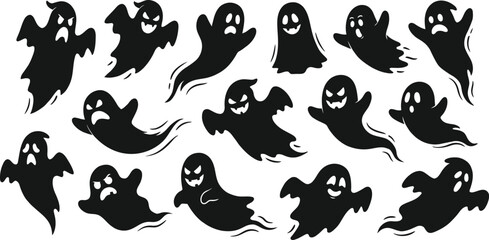 Collection of various black ghost silhouettes on white background for halloween © firoz