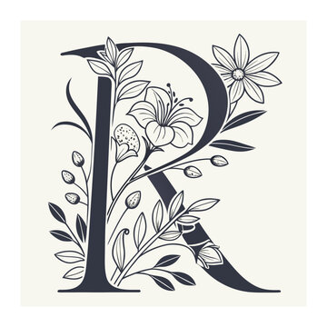 Decorative letter r with floral elements and botanical foliage illustration alphabet botanical