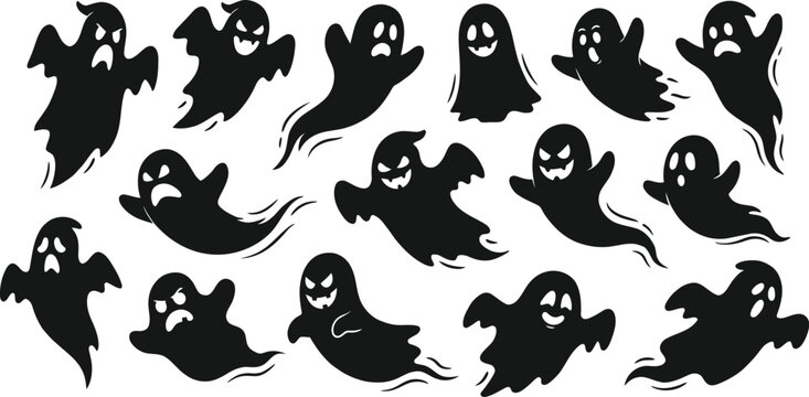 Collection of various black ghost silhouettes on white background for halloween