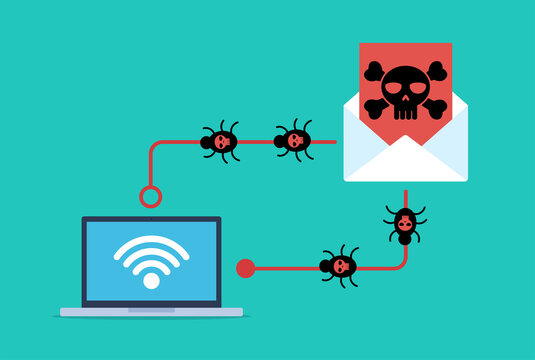 Black computer worms with a red skull and crossbones symbol. Illustration in flat design style. A virus-infected email message transmitting a computer worm via a Wi-Fi connection to a laptop.