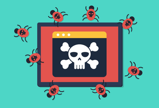 A tablet infected with a virus. Illustration in flat design style. The app screen features a skull and crossbones, and virus-infected computer worms emerge from the tablet.