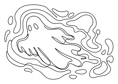 Ghost figure floating in wavy fluid energy lines in minimalist continuous line art style