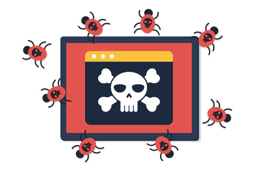 Illustration in flat design style. The app screen features a skull and crossbones, and virus-infected computer worms emerge from the tablet. A tablet infected with a virus. 
