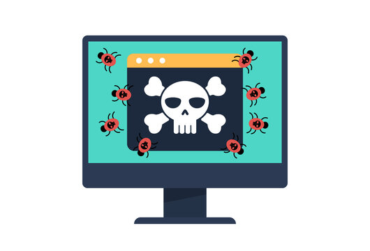 Image of a computer infected with a virus. The monitor screen displays a tile of an infected website from which computer worms emerge and infect the system.