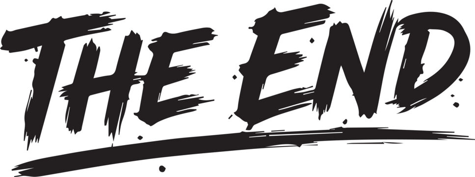 Grunge The End typography vector, hand drawn brush stroke lettering, black ink splattered calligraphy for movie credits and final scenes