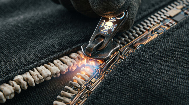 Gloved hand holding zipper with glowing skull design on pull tab over circuit board