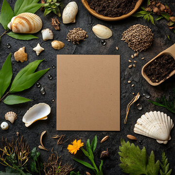 Rustic blank paper mockup on dark stone background, flat lay stationery with seashells and green leaves, organic spa and wellness invitation template