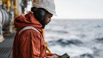 Fototapeta premium Vibration analysis field team at offshore platform performing condition monitoring survey on seawater lift pump skid, analyst recording data on ruggedized tablet, wave motion below grating, marine i
