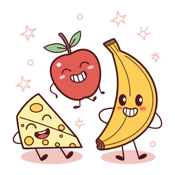 Happy apple banana cheese characters dancing together with characters laughing illustration