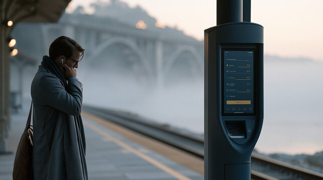 Travel app screenshot mockup on transit card validator screen at commuter rail platform, early morning mist across adjacent river valley, solo commuter in business attire adjusting earbuds, empty pl