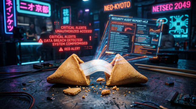 Broken fortune cookies with a futuristic computer screen displaying critical system alerts and security breach