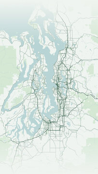 Modern minimalist vector map of Seattle, Washington, USA. High-quality scalable illustration of Seattle city grid, Puget Sound, Lake Washington, Space Needle area for posters and design.