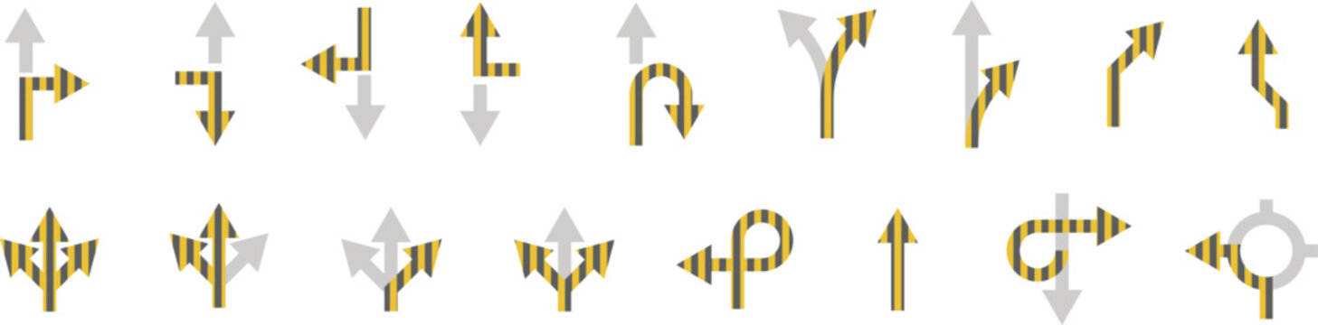 Gold outline arrow direction vector set with multiple navigation icons. Sixteen decorative symbols isolated on white in elegant style. Suits luxury presentation, flowchart, and directional signage des