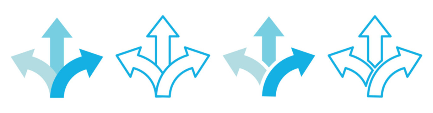 Blue multi direction arrow vector set in solid and outline style. Four colorful navigation symbols isolated on white in flat design. Suits business strategy, road sign, and decision flow infographics.