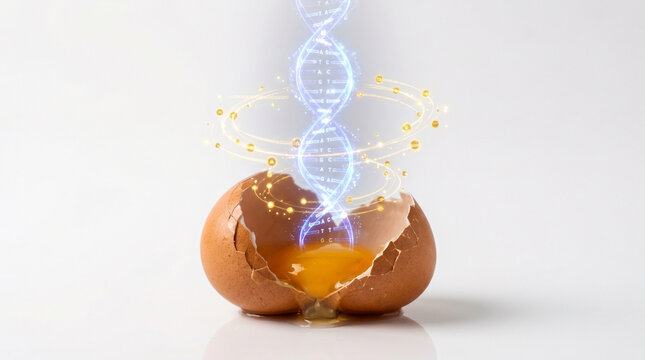 Cracked egg with DNA double helix and golden particles emerging from it symbolizing genetic concept