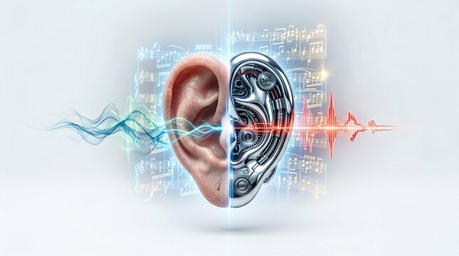 Human ear transformed into a mechanical device with musical notes and sound waves surrounding it closely