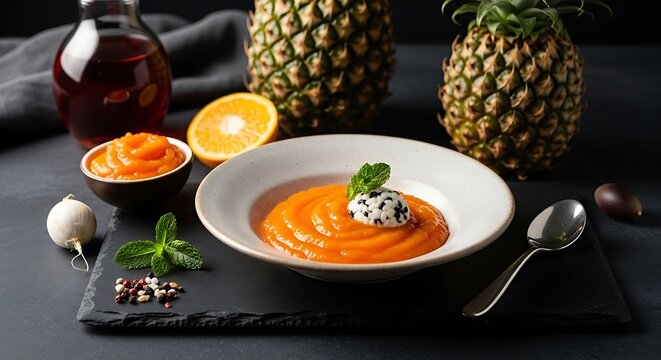 A gourmet bowl of creamy tropical borojo fruit puree served with a unique garnished rice scoop on a slate board with fresh pineapple and orange accents