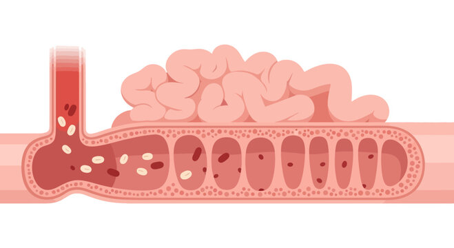 Intestinal obstruction illustration: blockage in the small intestine with trapped waste and fluid.