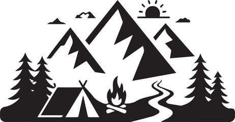 Mountain camping landscape vector with tent campfire pine trees and rising sun silhouette for outdoor adventure design project. © Sumaiya Akter Jumjum