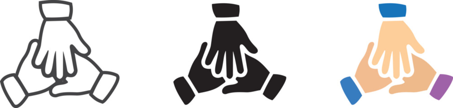 Team hands together vector set in outline, solid, and color style. Three unity gesture icons isolated on white in flat design. Suits teamwork, partnership, and community support campaign materials.

