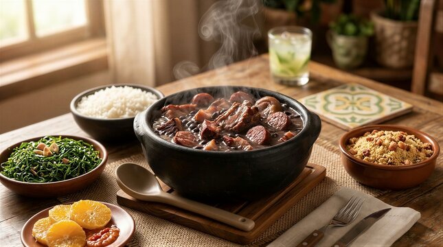Steaming Feijoada Pot with Rice and Traditional Side Dishes