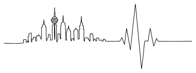 Obraz premium City skyline silhouette merging with heartbeat pulse line representing urban life in continuous line art style