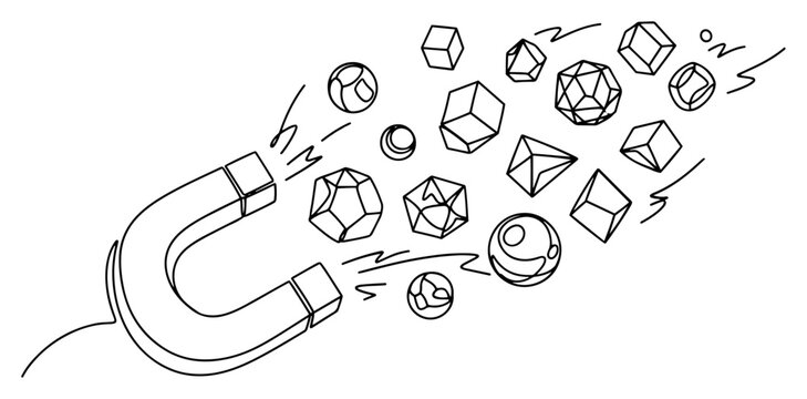 Magnet attracting polyhedral dice and geometric shapes in continuous line art style