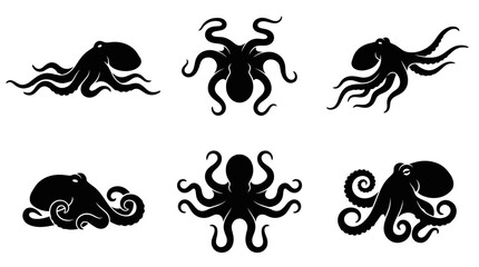 Six octopus silhouettes in top and side view, solid black shapes. © Dini