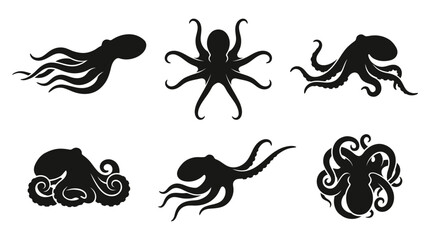 Six octopus silhouettes in top and side view, solid black shapes. © Dini