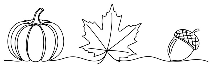 Autumn harvest set with pumpkin maple leaf and acorn in single continuous line art style © InsomniaVideo