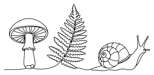 Forest elements featuring mushroom fern leaf and snail in single continuous line art style © InsomniaVideo