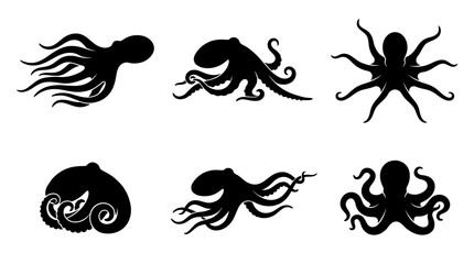 Six octopus silhouettes in top and side view, solid black shapes. © Dini