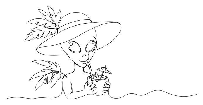 Alien character wearing sun hat drinking from coconut on summer vacation in continuous line art style
