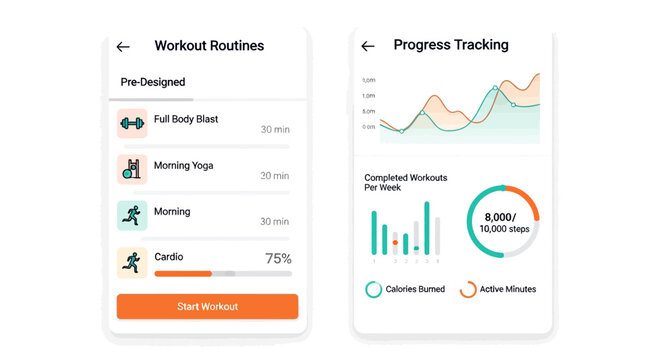 Fitness app design ui with workout routines and progress tracking charts