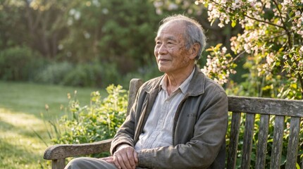Fototapeta premium Senior man sitting on wooden bench in blooming garden