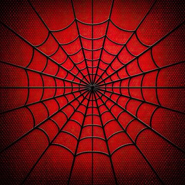 Symmetrical black spider web pattern centered over a textured vibrant red background
