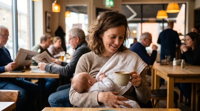 Mother breastfeeding infant in warm cafe setting with community