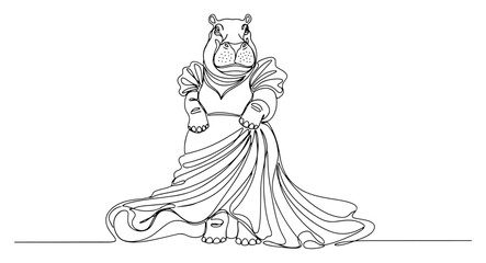 Obraz premium Hippo wearing an elegant ballgown dress in continuous line art style