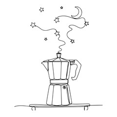 Moka pot coffee maker on a skateboard with stars and moon in continuous line art style © InsomniaVideo