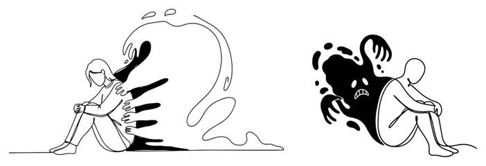 Obraz premium Person sitting in despair being touched by dark shadows representing depression or anxiety in doodle line art style
